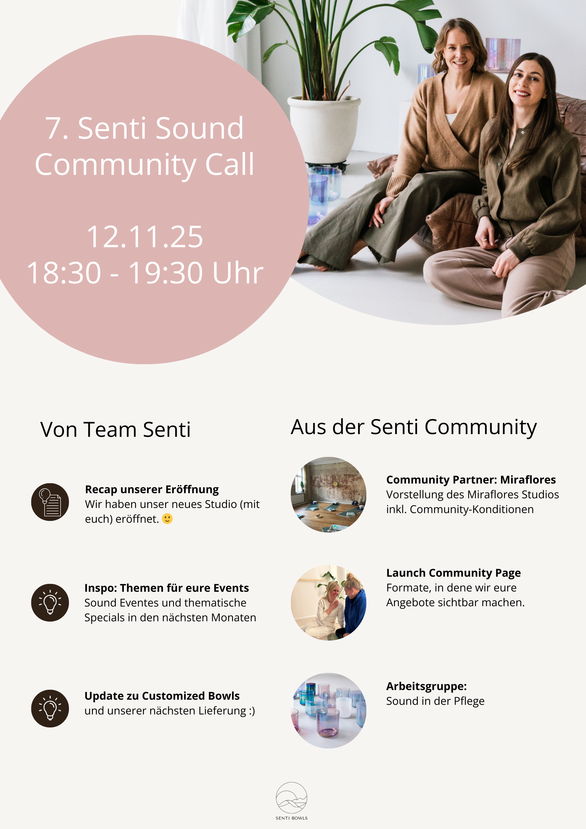 In den Community Calls teilen Senti Sound Practitioner aus der Community ihre Tipps & Tricks rund um die Sound Meditation